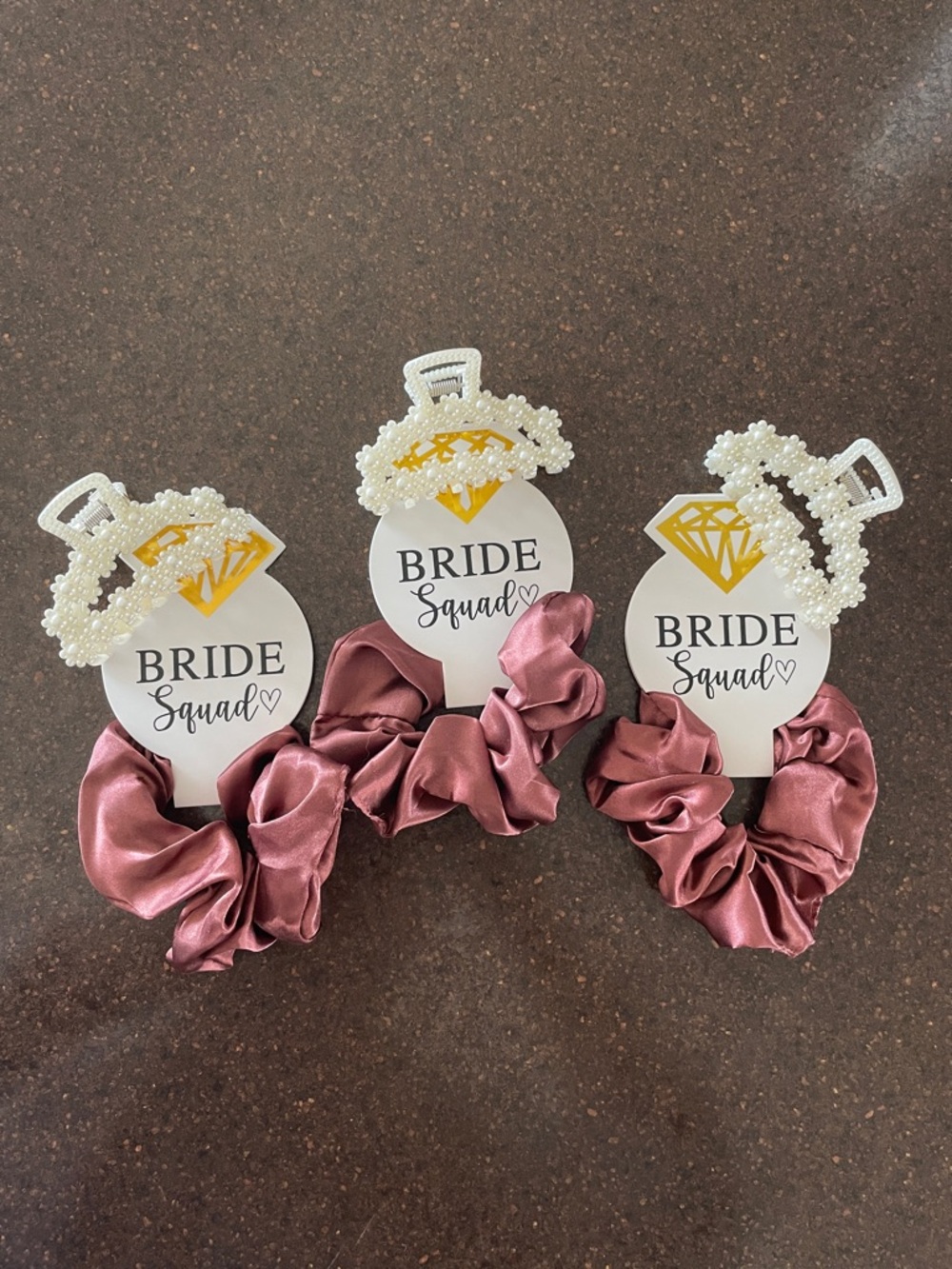 Bride Squad Pearl Ring Hair Clip with Satin Scrunchie (Set of 3)